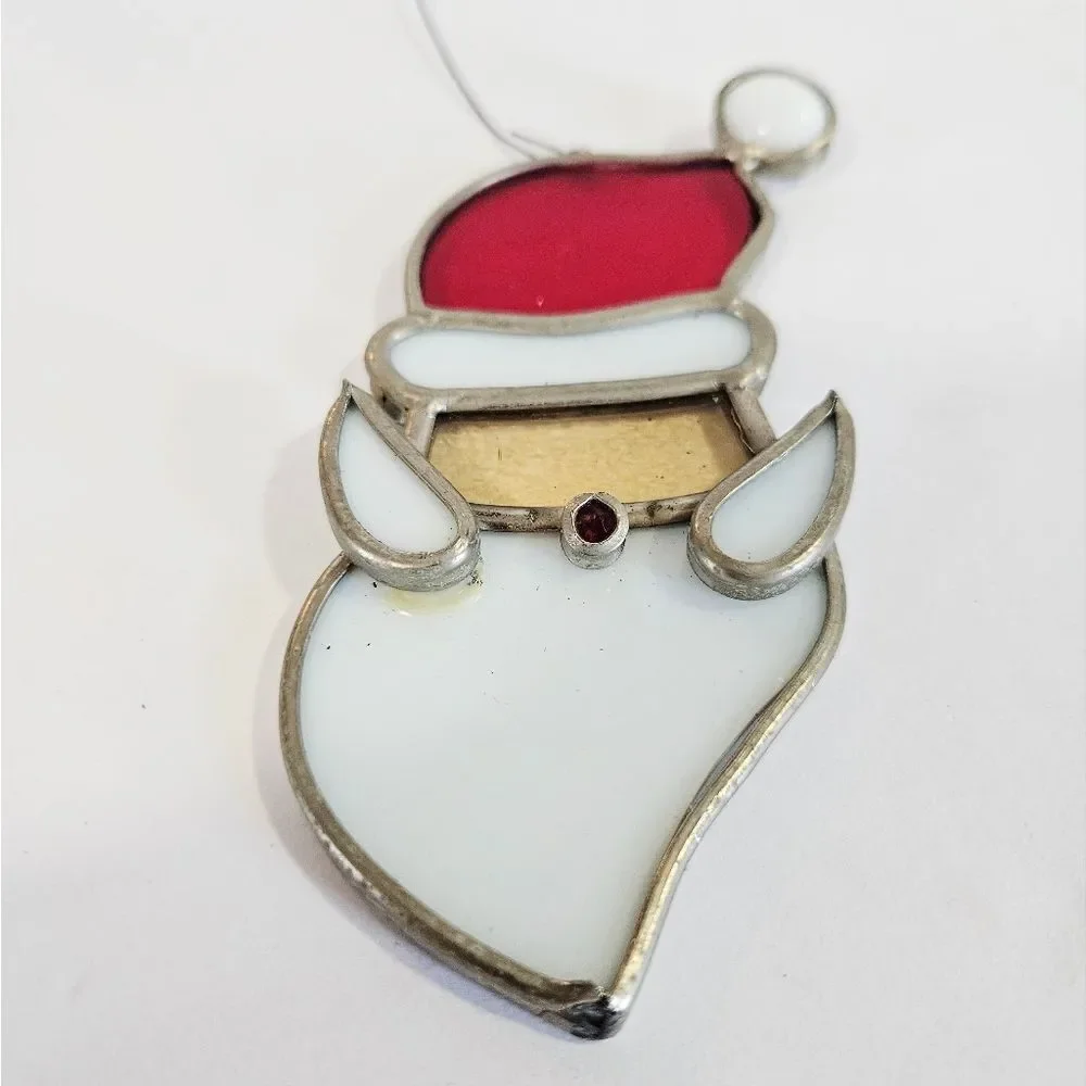 Vintage Large Stained Glass Lead Frame Heavy Santa Suncatcher Christmas Ornament